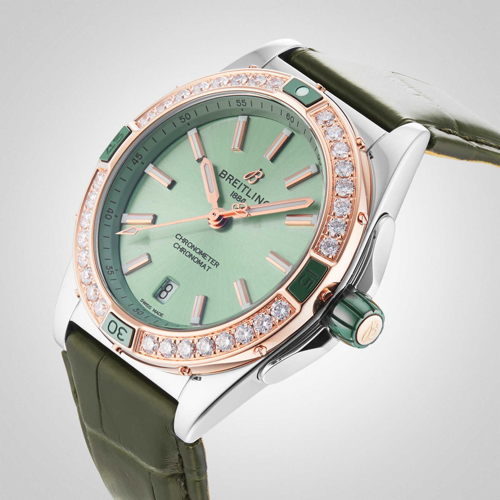 Replica Breitling Super Chronomat Automatic 38 Green Stainless Steel 18ct Rose Gold Leather Strap details U17356531L1P1 5 Replica Breitling Super Chronomat Automatic 38 Green Stainless Steel 18ct Rose Gold Leather Strap details U17356531L1P1