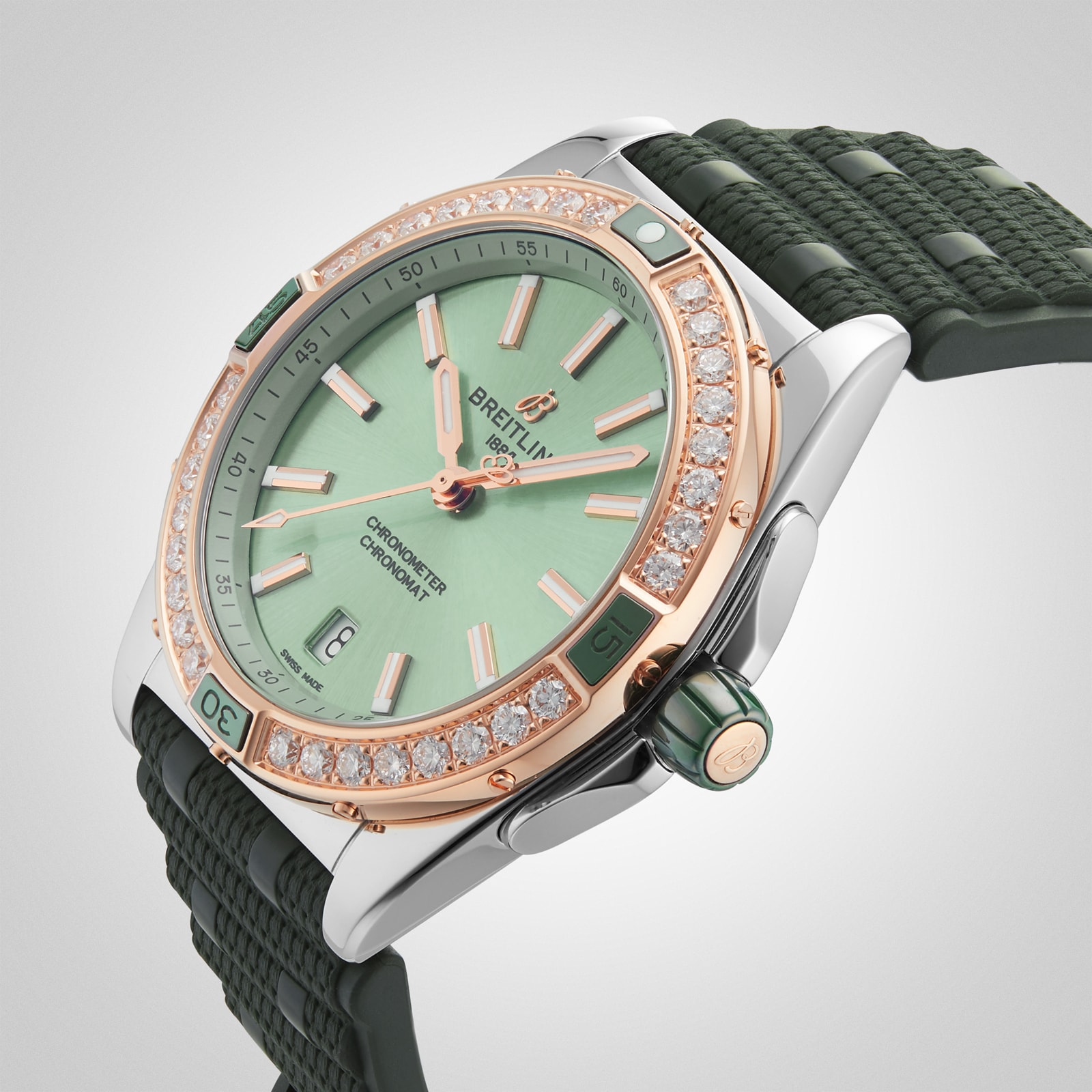 Replica Breitling Super Chronomat Automatic 38 Green Stainless Steel 18ct Rose Gold Rubber Strap details U17356531L1S1 5 Replica Breitling Super Chronomat Automatic 38 Green Stainless Steel 18ct Rose Gold Rubber Strap details U17356531L1S1
