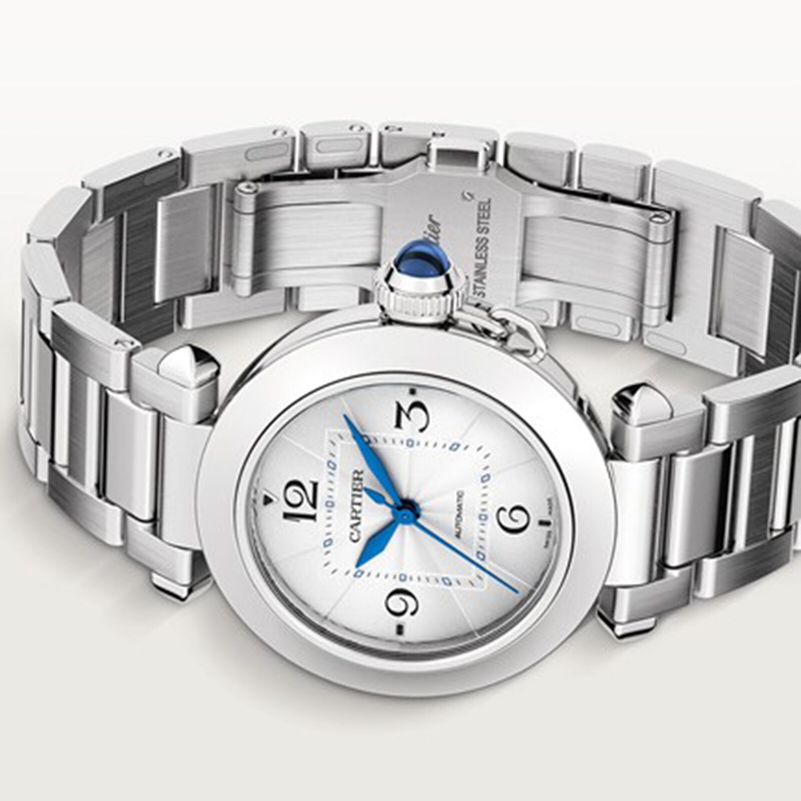 Replica Cartier Pasha De Cartier details 35mm Automatic Movement Steel Interchangeable Metal And Leather Straps WSPA0013
