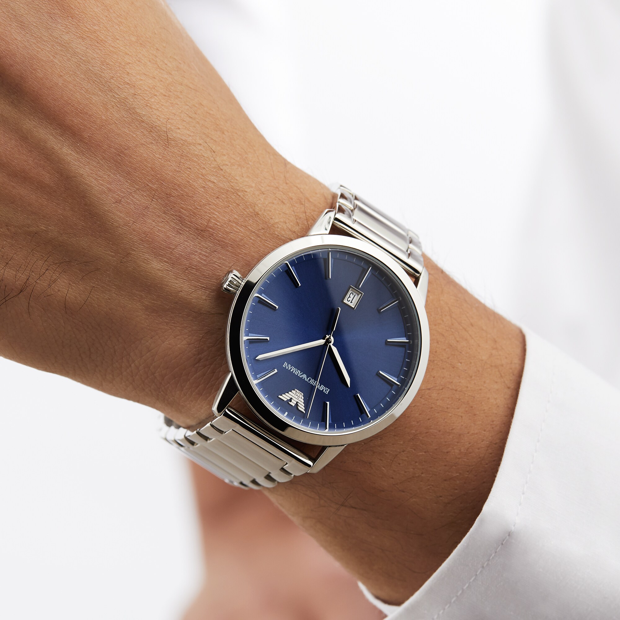 Replica Emporio Armani Men's Date Stainless Steel Bracelet Strap details Silver/Blue AR11311