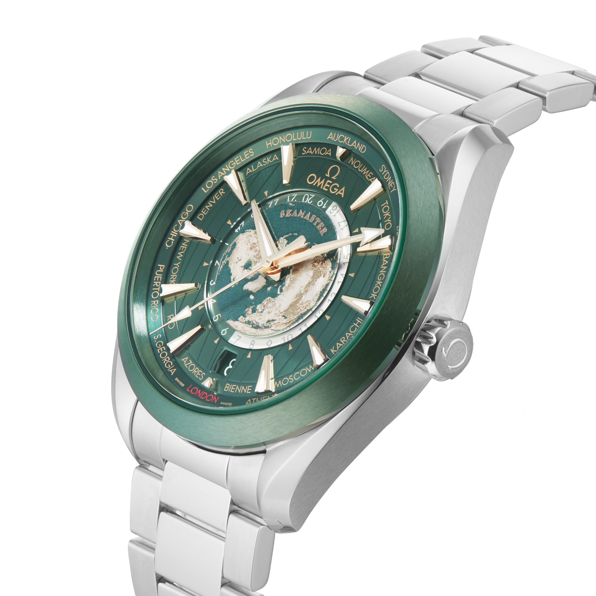 Replica Omega Seamaster Aqua Terra 150m Co Axial Master Chronomaster GMT Worldtimer 43mm Mens details Green O22030432210001