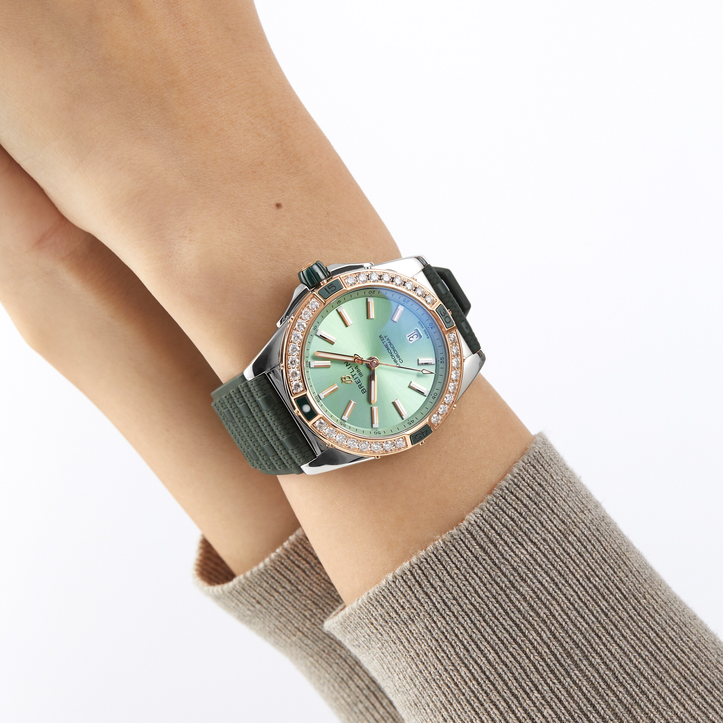 Replica Breitling Super Chronomat Automatic 38 Green Stainless Steel 18ct Rose Gold Rubber Strap details U17356531L1S1 6 Replica Breitling Super Chronomat Automatic 38 Green Stainless Steel 18ct Rose Gold Rubber Strap details U17356531L1S1