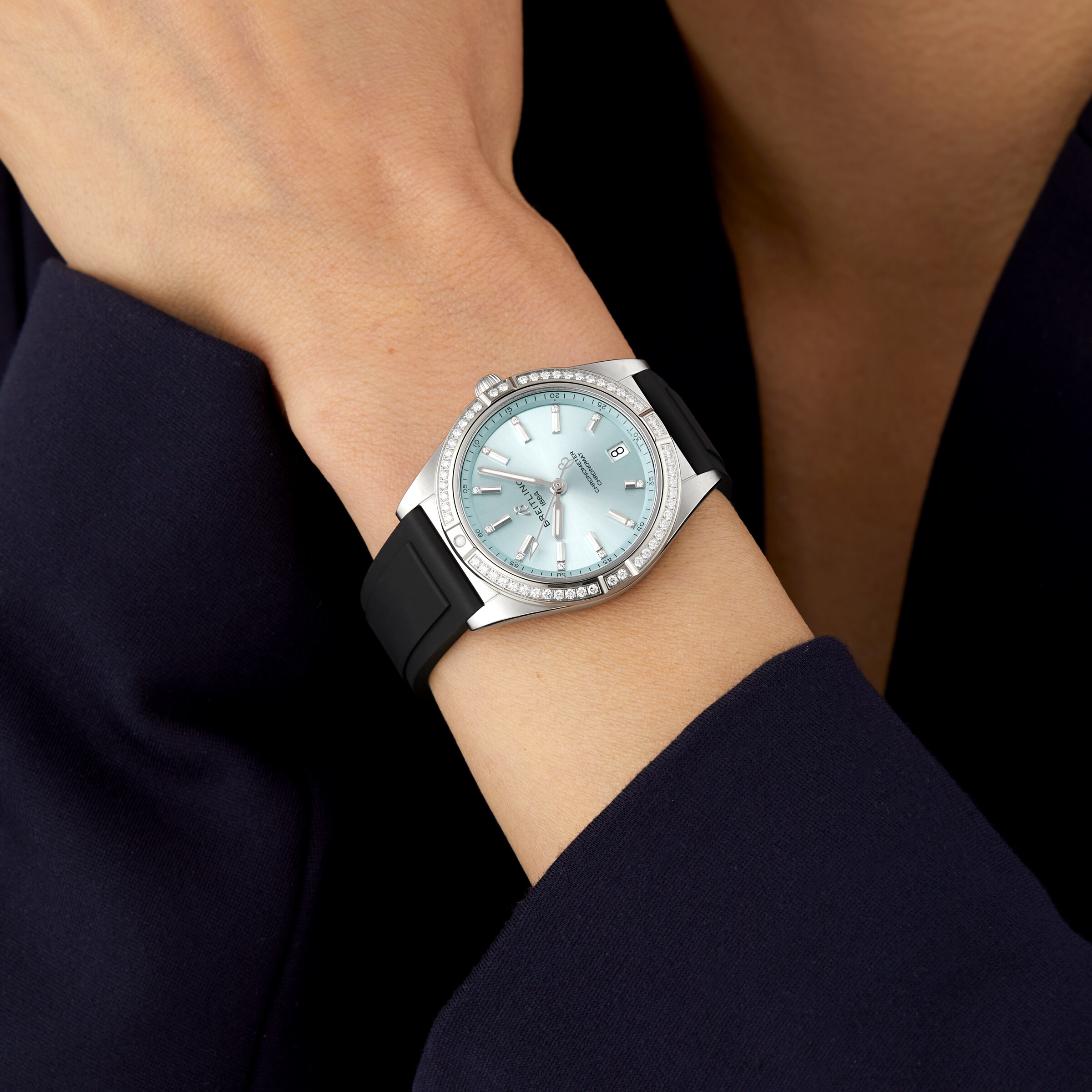 Replica Breitling Chronomat Automatic 36 Stainless Steel  18k grey gold Rubber Strap - Ice Blue details G10380591C1S1