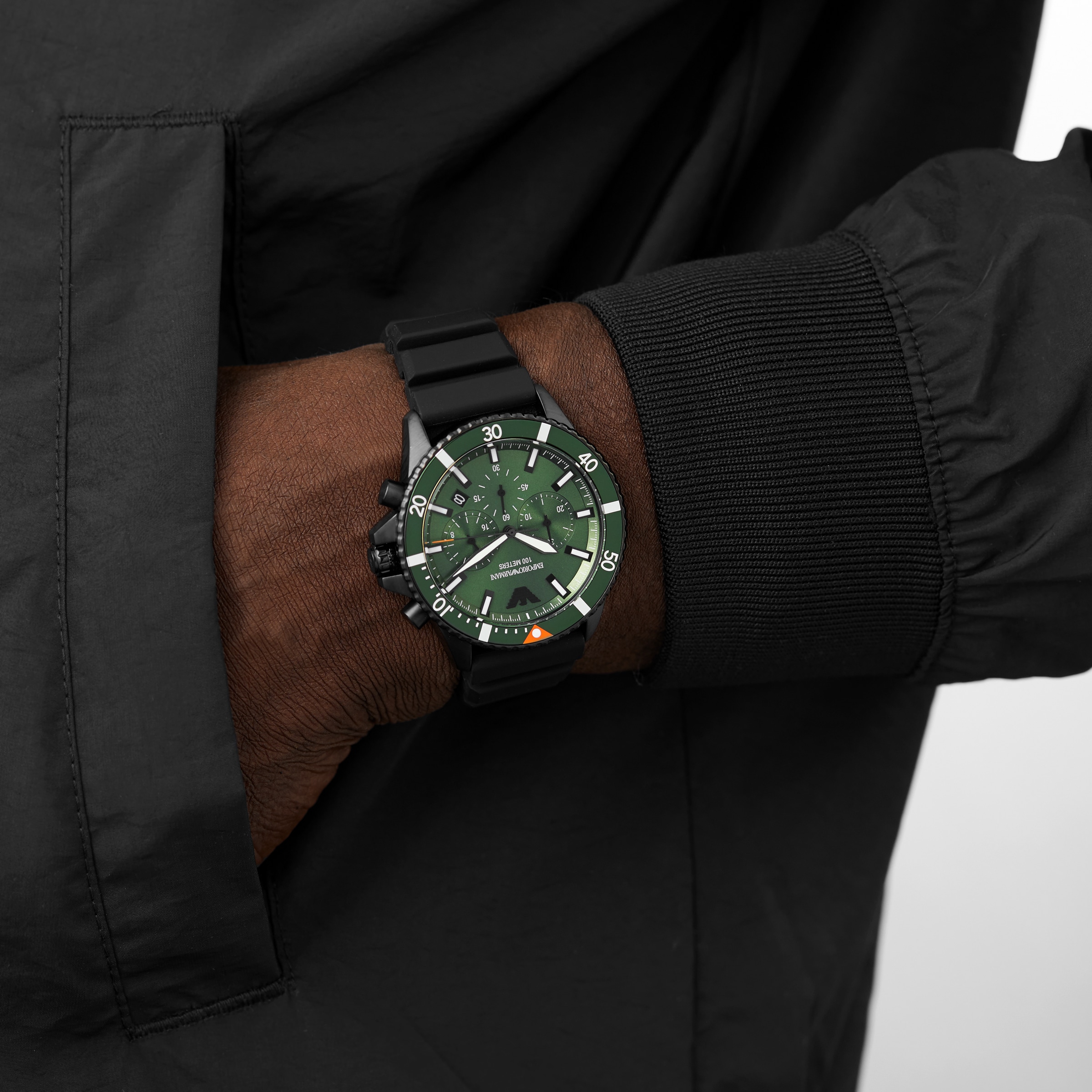 Replica Emporio Armani Chronograph Black Silicone Mens details 43mm AR11463