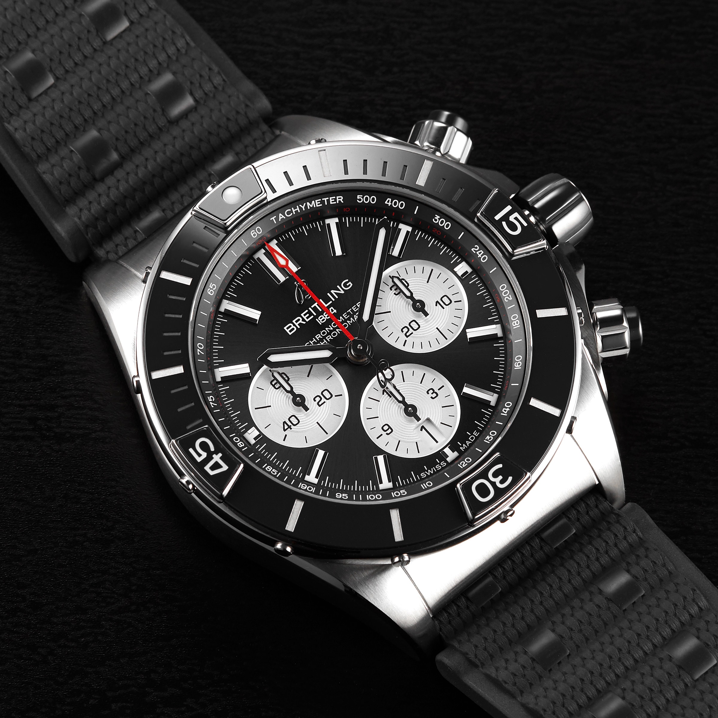Replica Breitling Super Chronomat B01 44 Stainless Steel Rubber Strap details AB0136251B1S1