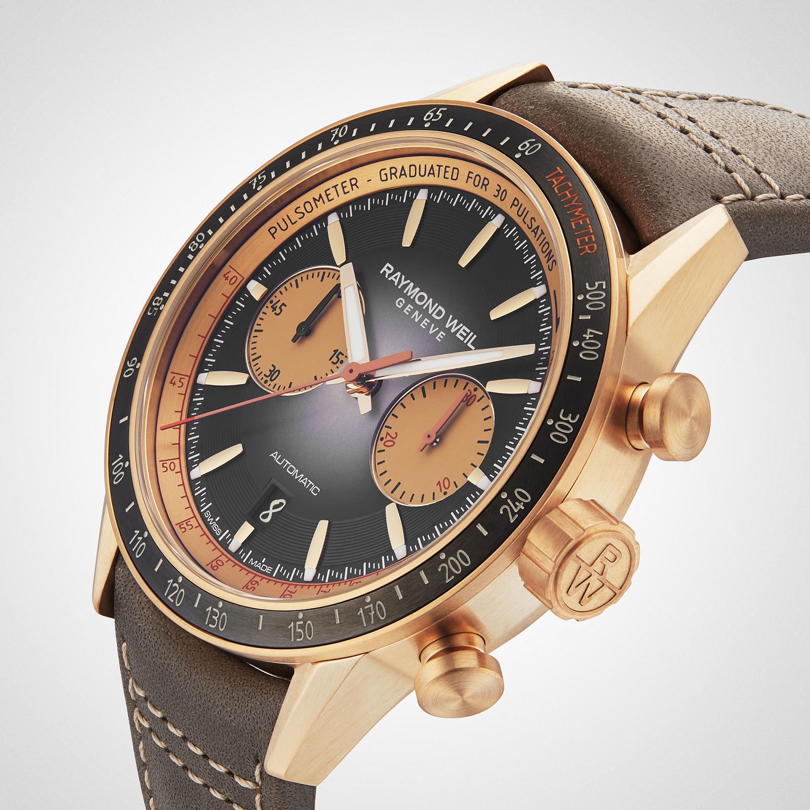 Replica Raymond Weil Freelancer Bronze Chronograph Leather details 43.5mm 7780-B1-20422