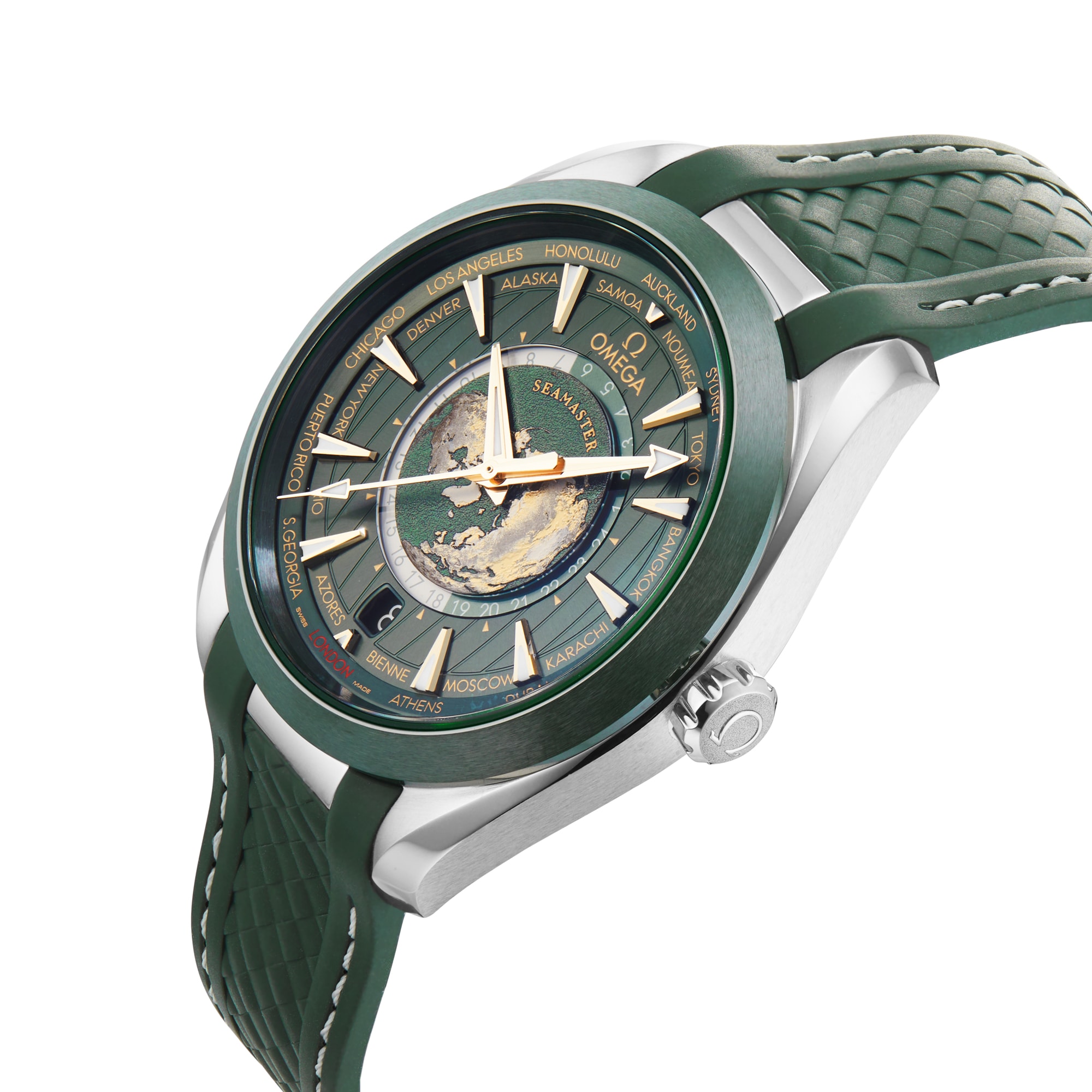 Replica Omega Seamaster Aqua Terra 150m Co Axial Master Chronometer GMT Worldtimer 43mm Mens details Green Rubber O22032432210001 6 Replica Omega Seamaster Aqua Terra 150m Co Axial Master Chronometer GMT Worldtimer 43mm Mens details Green Rubber O22032432210001