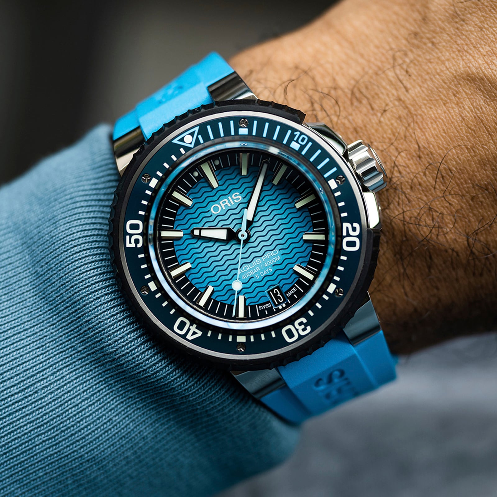 Replica Oris Aquis Pro 4000m 49.5mm Mens details Blue 01 400 7777 7155-SET