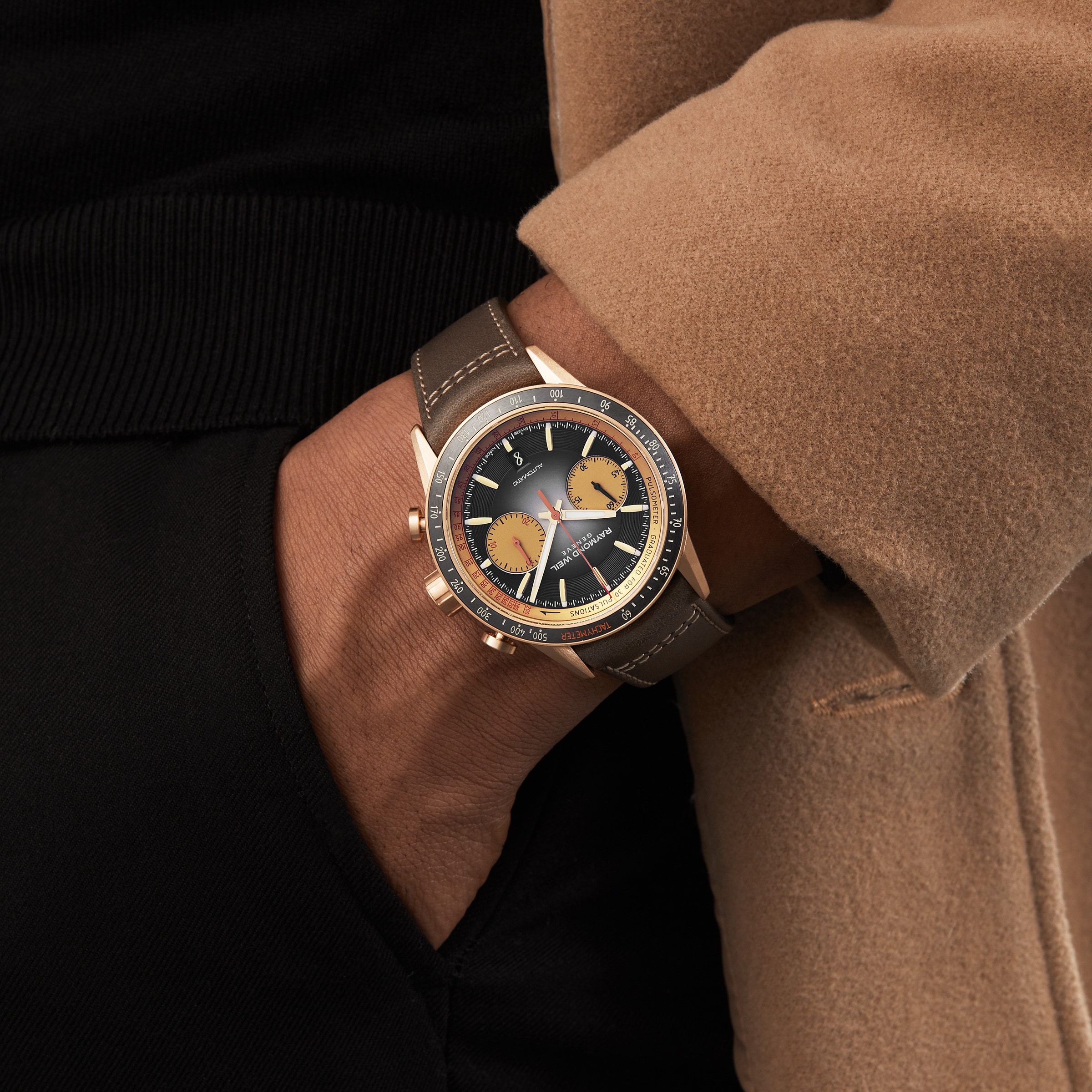 Replica Raymond Weil Freelancer Bronze Chronograph Leather details 43.5mm 7780-B1-20422