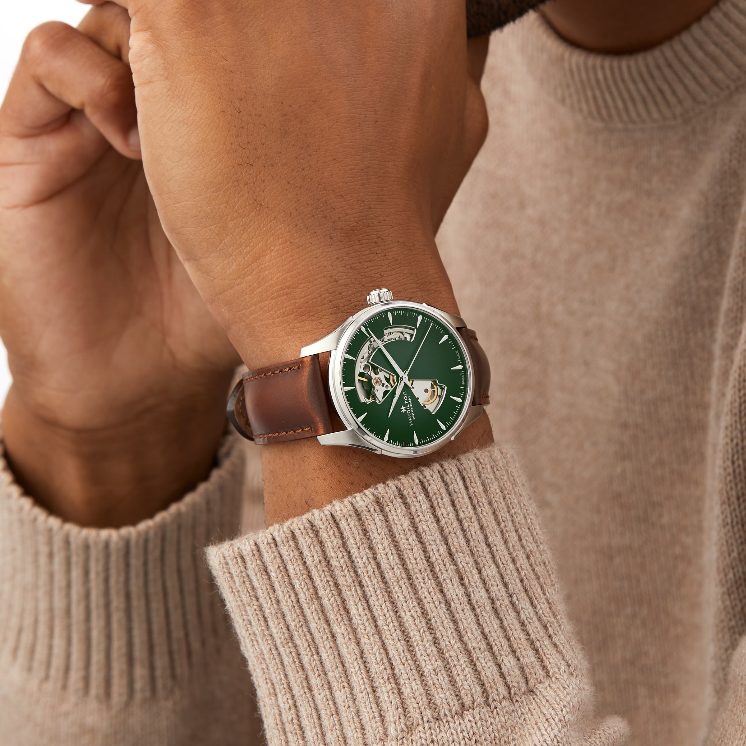 Replica Hamilton Jazzmaster Open Heart 40mm Mens details Green H32675560