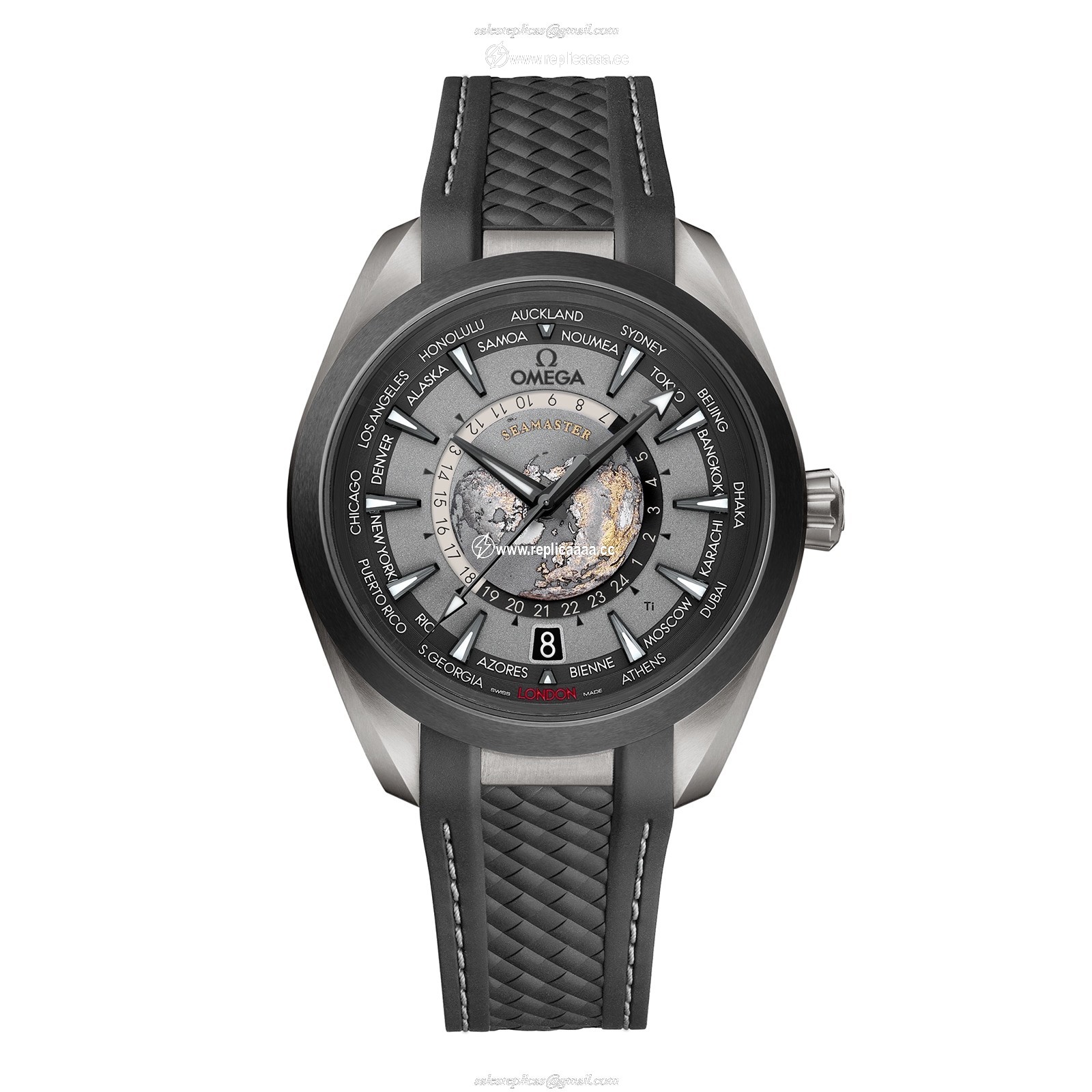 Omega Seamaster Aqua Terra 150m Co Axial Master Chronometer GMT Worldtimer 43mm Mens details Black Rubber O22092432299001 1 Omega Seamaster Aqua Terra 150m Co Axial Master Chronometer GMT Worldtimer 43mm Mens details Black Rubber O22092432299001