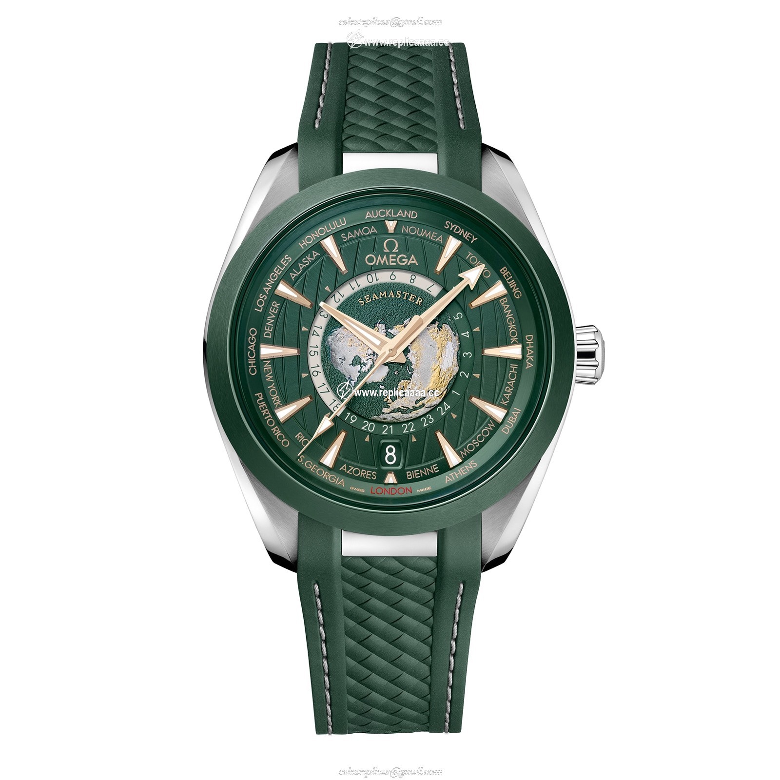 Omega Seamaster Aqua Terra 150m Co Axial Master Chronometer GMT Worldtimer 43mm Mens details Green Rubber O22032432210001 1 Omega Seamaster Aqua Terra 150m Co Axial Master Chronometer GMT Worldtimer 43mm Mens details Green Rubber O22032432210001