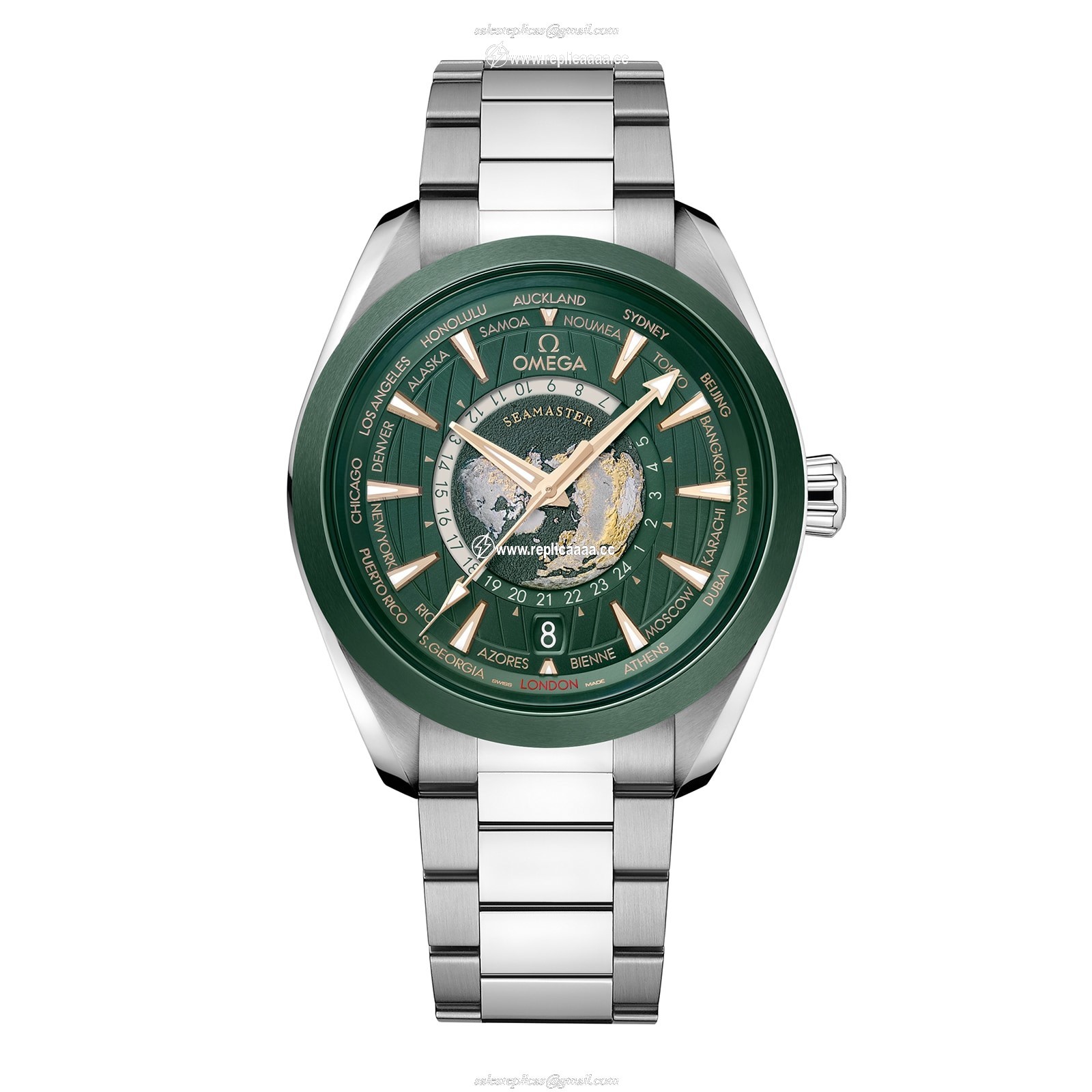 Omega Seamaster Aqua Terra 150m Co Axial Master Chronomaster GMT Worldtimer 43mm Mens details Green O22030432210001