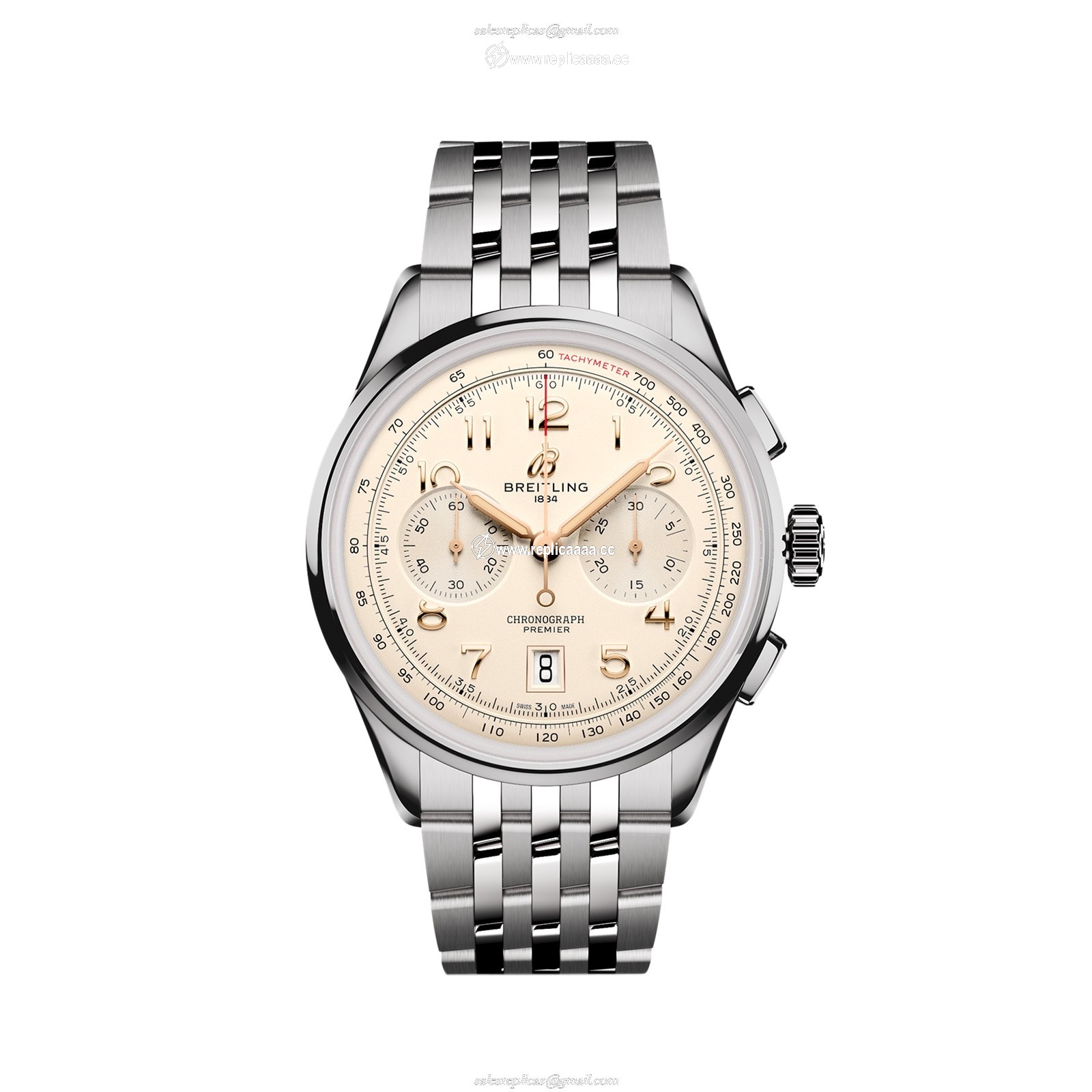 Breitling Premier B01 Chronograph 42mm Mens details Cream Stainless Steel AB0145211G1A1