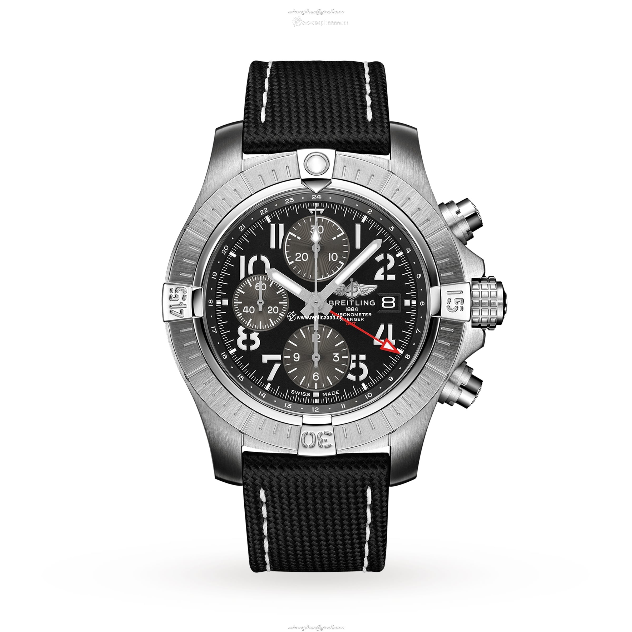 Breitling Avenger Chronograph GMT 45 Stainless Steel Leather Strap details A24315101B1X2