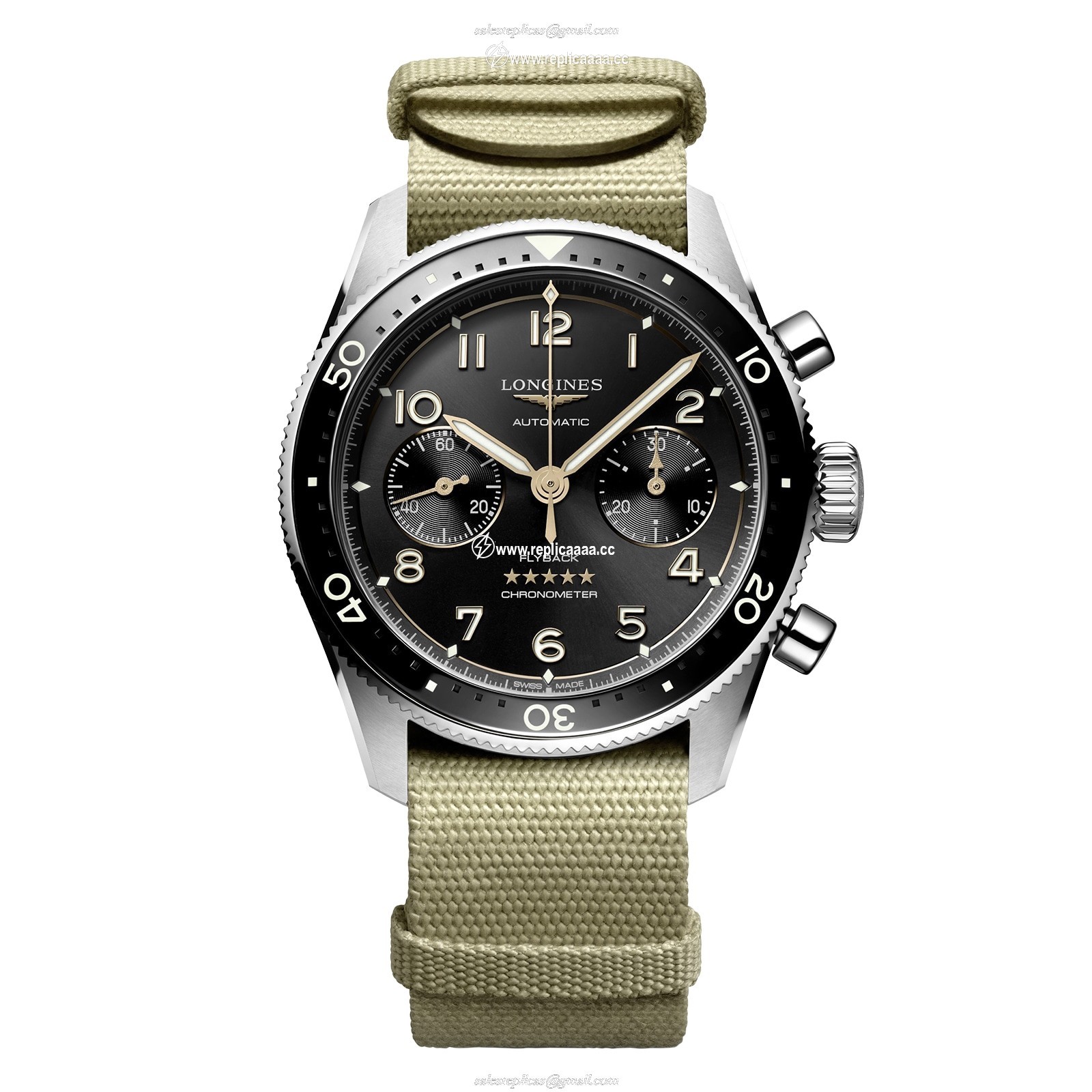 Longines Spirit Flyback 42mm Steel Beige NATO Strap Black Sunray Dial L38214539 1 Longines Spirit Flyback 42mm Steel Beige NATO Strap Black Sunray Dial L38214539