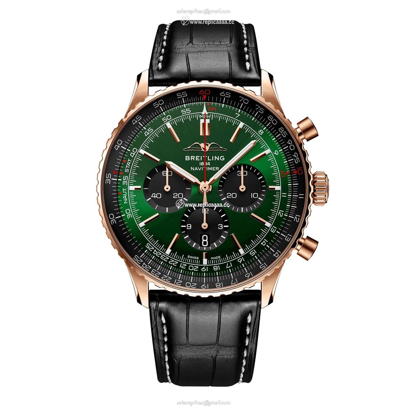 Breitling Navitimer Chronograph 18ct Rose Gold 46mm Mens details Green Alligator RB0137241L1P1 1 Breitling Navitimer Chronograph 18ct Rose Gold 46mm Mens details Green Alligator RB0137241L1P1