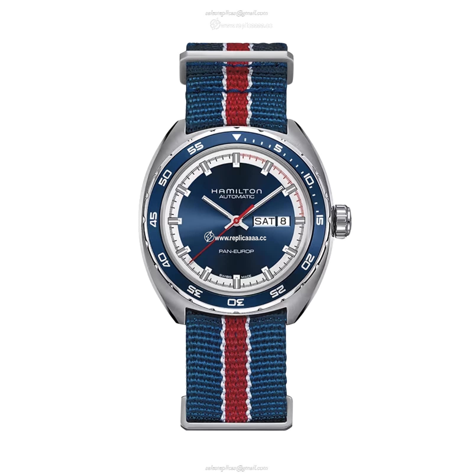 Hamilton American Classic Pan Europ Day Date Auto 42mm Mens details Blue Interchangeable strap H35405741 1 Hamilton American Classic Pan Europ Day Date Auto 42mm Mens details Blue Interchangeable strap H35405741