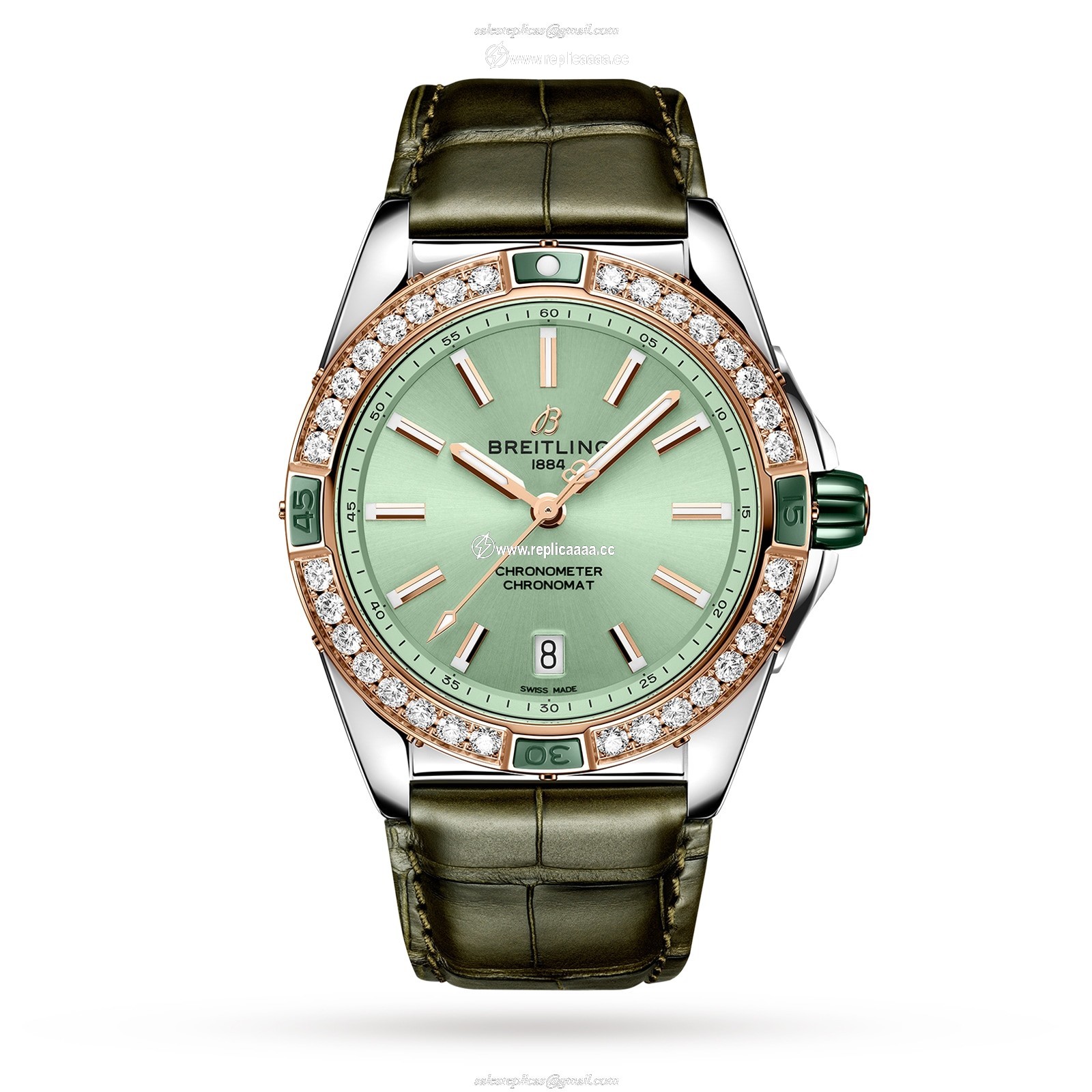 Breitling Super Chronomat Automatic 38 Green Stainless Steel 18ct Rose Gold Leather Strap details U17356531L1P1 1 Breitling Super Chronomat Automatic 38 Green Stainless Steel 18ct Rose Gold Leather Strap details U17356531L1P1
