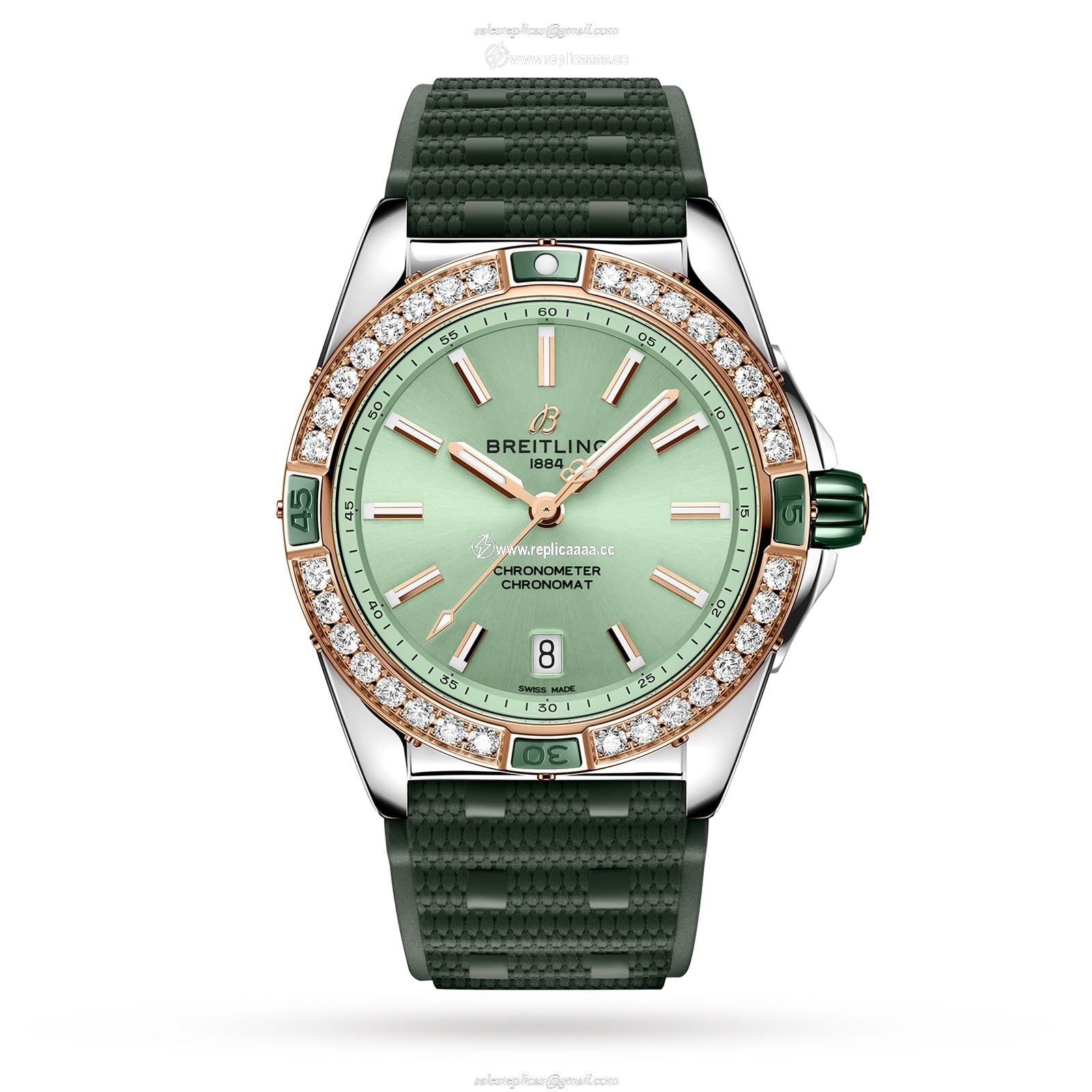 Breitling Super Chronomat Automatic 38 Green Stainless Steel 18ct Rose Gold Rubber Strap details U17356531L1S1 1 Breitling Super Chronomat Automatic 38 Green Stainless Steel 18ct Rose Gold Rubber Strap details U17356531L1S1