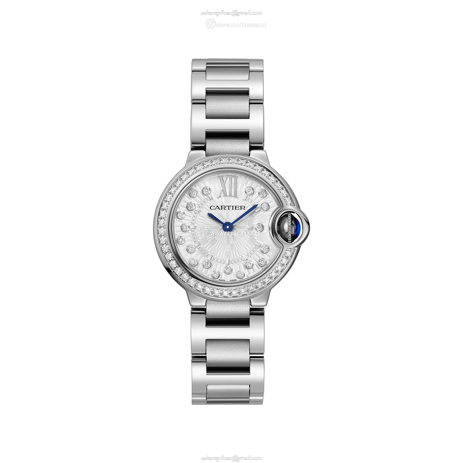 Cartier Ballon Bleu de Cartier details 28 mm quartz movement Steel case fluted steel crown set with a synthetic cabochon-shaped spinel. W4BB0034 1 Cartier Ballon Bleu de Cartier details 28 mm quartz movement Steel case fluted steel crown set with a synthetic cabochon-shaped spinel. W4BB0034