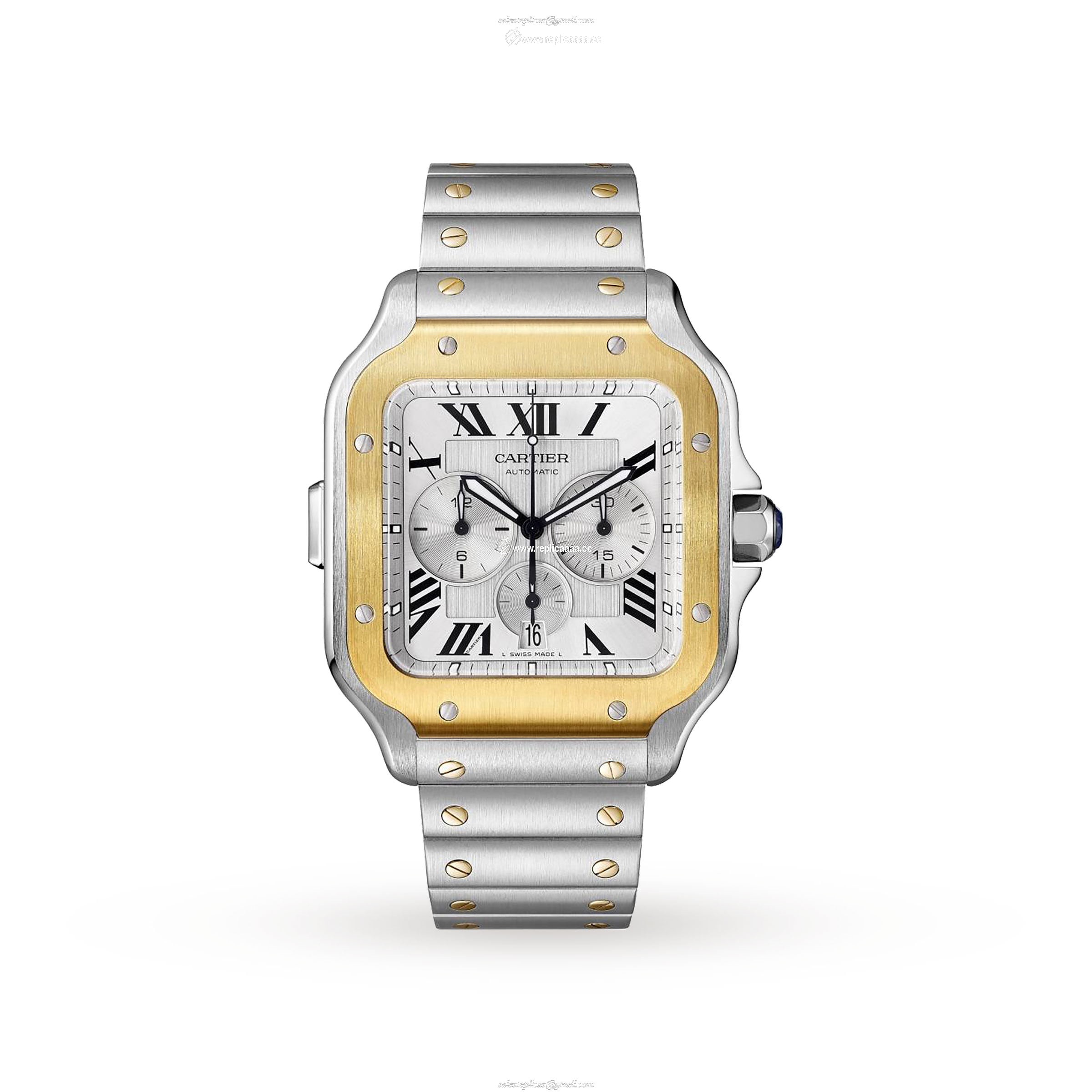 Cartier Santos De Cartier Chronograph details Extra-Large Model Automatic Movement Yellow Gold Steel Interchangeable Metal And Rubber Bracelets W2SA0008 1 Cartier Santos De Cartier Chronograph details Extra-Large Model Automatic Movement Yellow Gold Steel Interchangeable Metal And Rubber Bracelets W2SA0008
