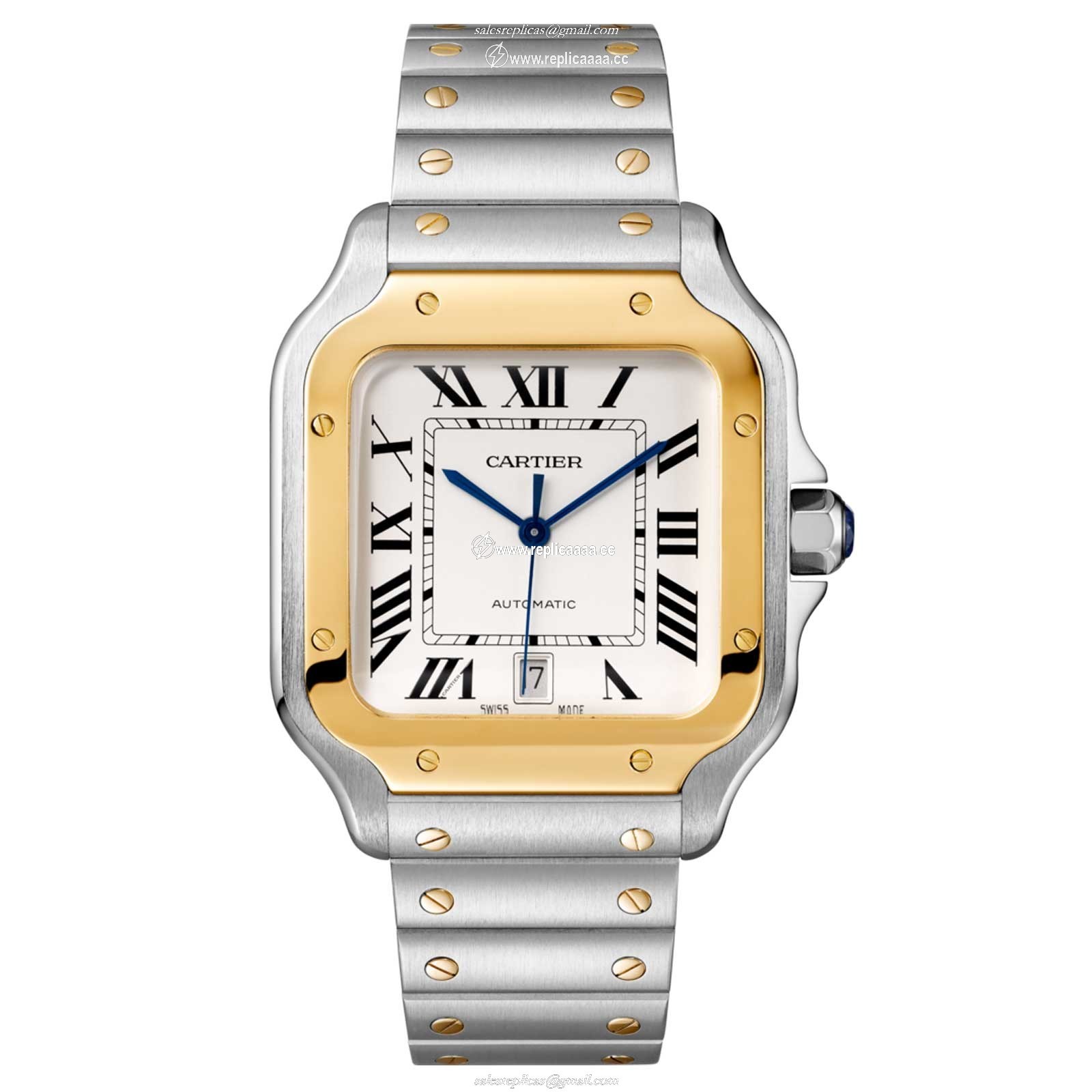 Cartier Santos De Cartier details Large Model Automatic Movement Yellow Gold Steel Interchangeable Metal And Leather Bracelets W2SA0009 1 Cartier Santos De Cartier details Large Model Automatic Movement Yellow Gold Steel Interchangeable Metal And Leather Bracelets W2SA0009