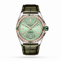 Breitling Super Chronomat Automatic 38 Green Stainless Steel  18ct Rose Gold Leather Strap details U17356531L1P1