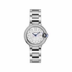 Cartier Ballon Bleu de Cartier details 28 mm quartz movement Steel case fluted steel crown set with a synthetic cabochon-shaped spinel. W4BB0034